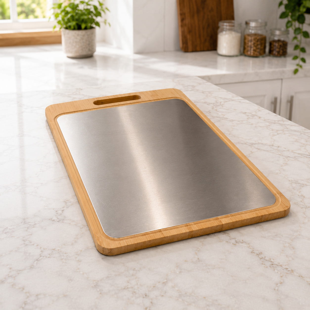 KitchenChomp® 2-In-1 Double-Sided Bamboo & Stainless Steel Cutting Board